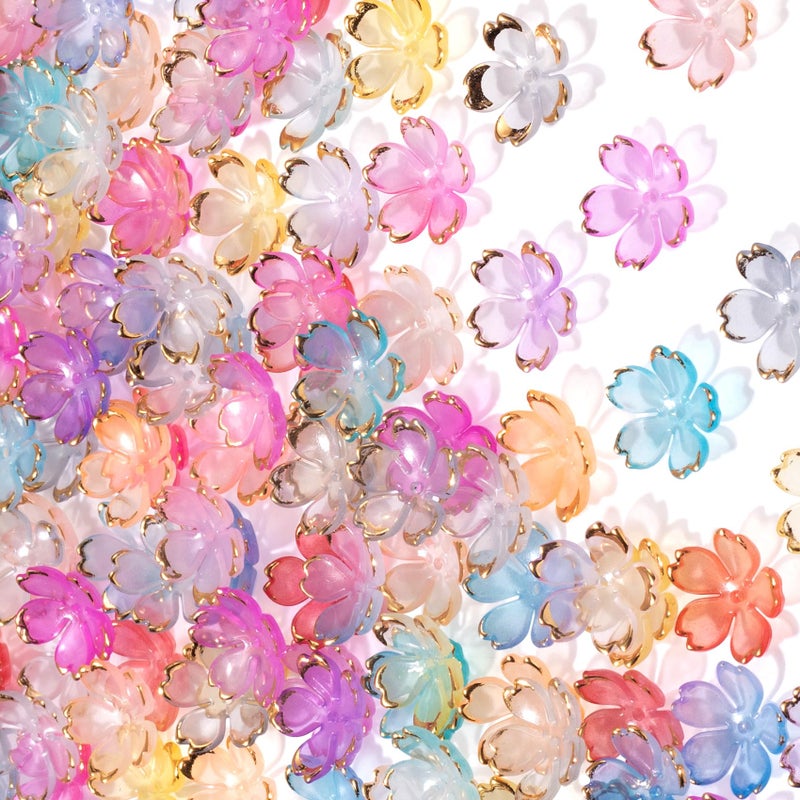 CTEAKOP 100 Pcs Flower Beads for Jewelry Making, Gold-Plated Flower Charms, Cherry Blossom Beads, Acrylic Floral Beads for Crafts, Bracelets (Multiple Colors) - Image 1