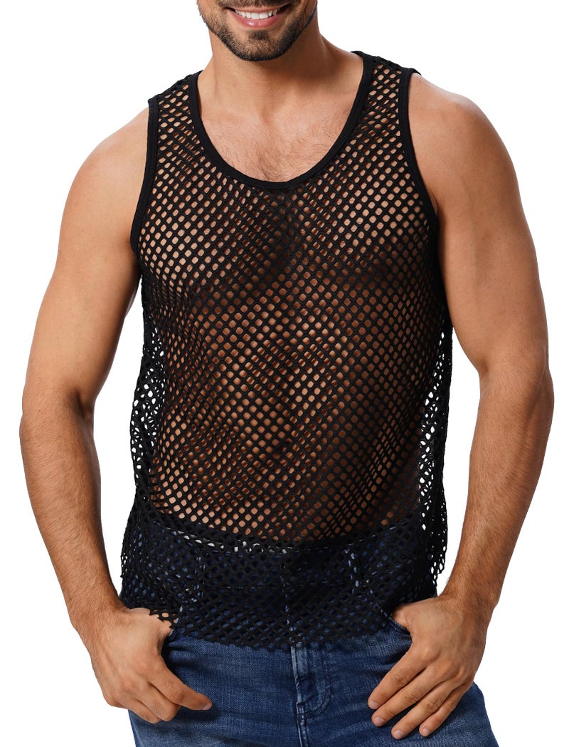 ABAFIP Mens Sheer Mesh Sleeveless Tank TopFishnet See Through Muscle ShirtGym Workout Fitted Undershirt Black Large - Image 2
