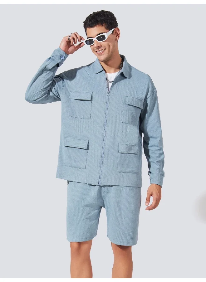 مانياك Maniac Mens Collared Neck Fullsleeve Light Grey 4Pockets and shorts Polyester Fleece Co-ords