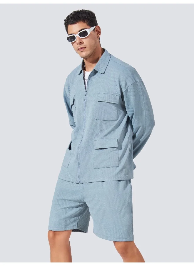 مانياك Maniac Mens Collared Neck Fullsleeve Light Grey 4Pockets and shorts Polyester Fleece Co-ords