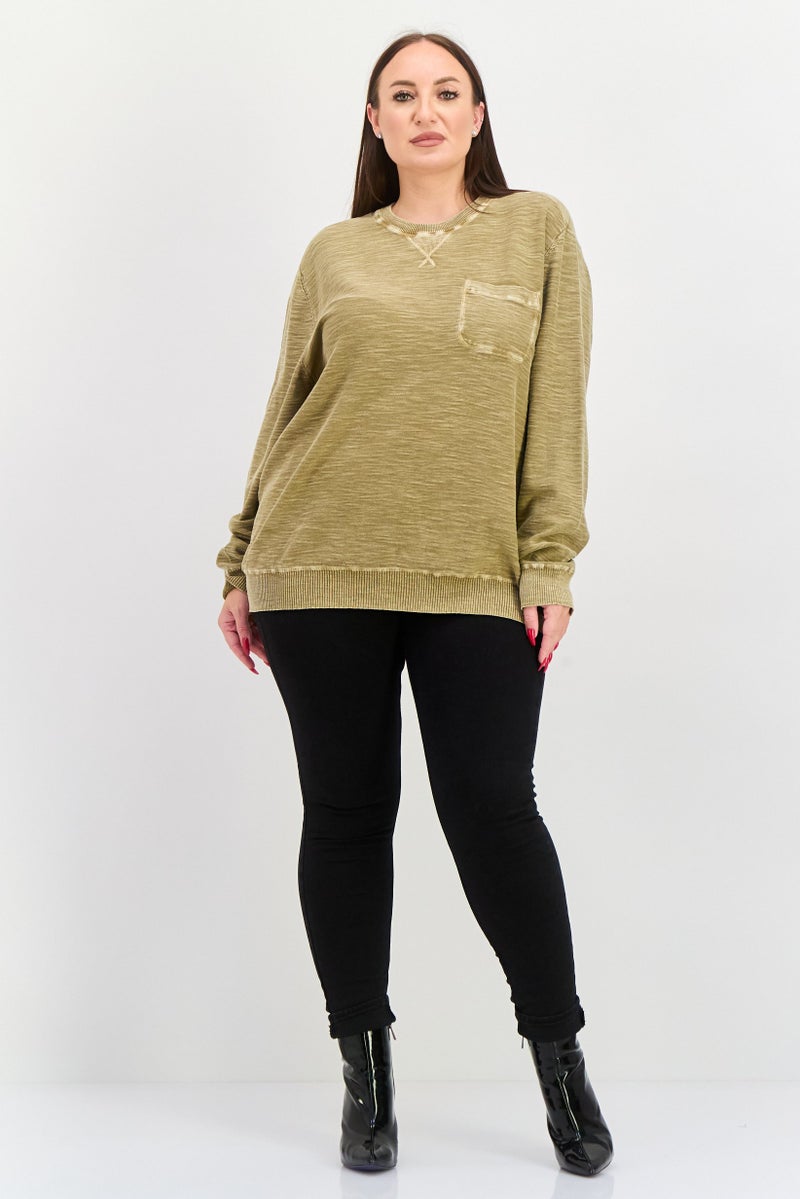 TRUE GRIT Women Crew Neck Textured Sweatshirts, Dark Khaki  - Image 4