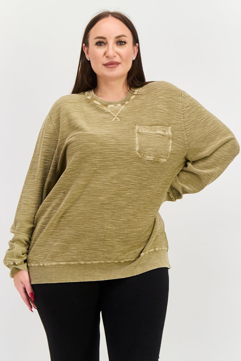 TRUE GRIT Women Crew Neck Textured Sweatshirts, Dark Khaki  - Image 1