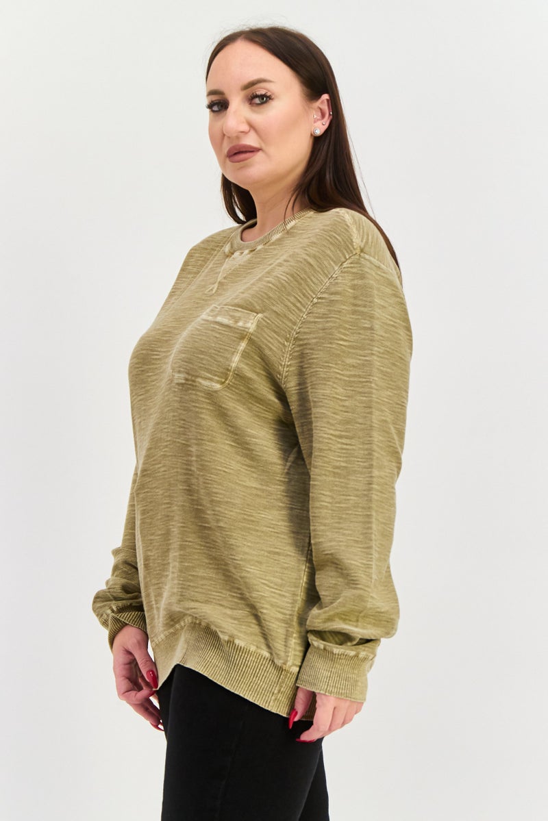 TRUE GRIT Women Crew Neck Textured Sweatshirts, Dark Khaki  - Image 2