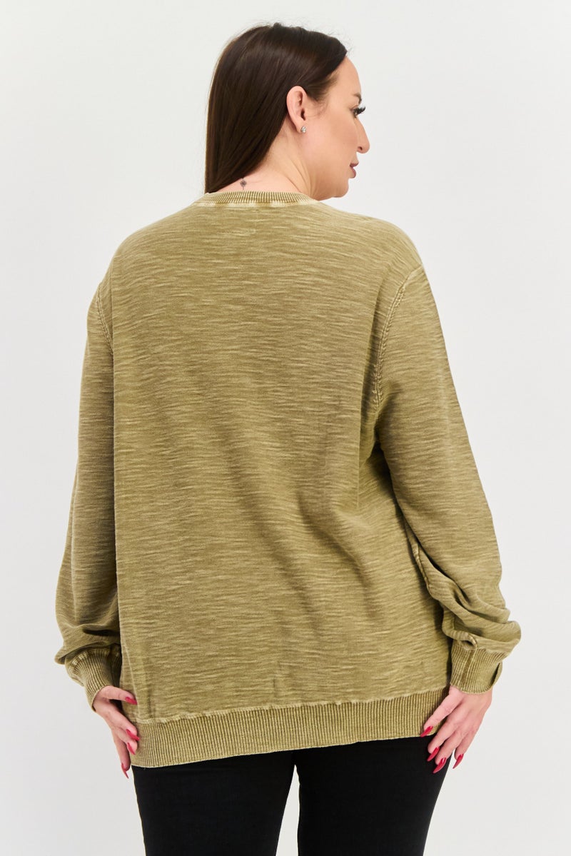 TRUE GRIT Women Crew Neck Textured Sweatshirts, Dark Khaki  - Image 3