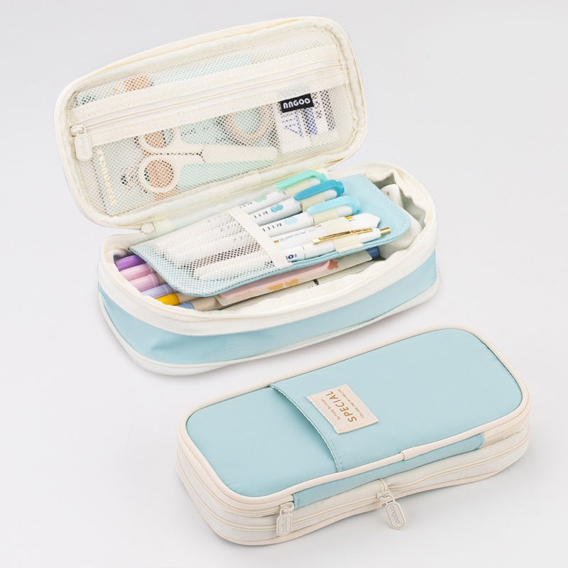 Korean Style Pencil Case Ins Japanese and Korean Style Macaron Color-matching Retractable Large Capacity Upgraded Pencil Case Stationery Case Foreign Trade twill sky blue 