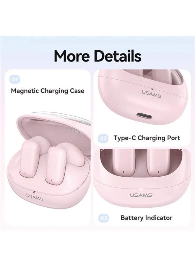 Usams - TWS Earbuds Bluetooth-compatible 5.3 Semi in Ear Headphone Stereo Sound 5H Playing Time - Pink - Image 1