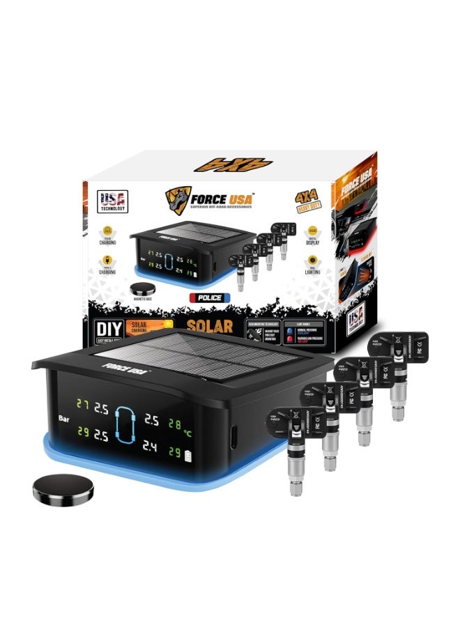 FORCE USA نظام مراقبة ضغط الإطارات اللاسلكي الشمسي TPMS للسيارات، SUV، مركبات 4x4 - عرض في الوقت الحقيقي، حساسات تعمل بالطاقة الشمسية - تنبيهات سريعة، ضغط إطارات دقيق، مراقبة درجة الحرارة