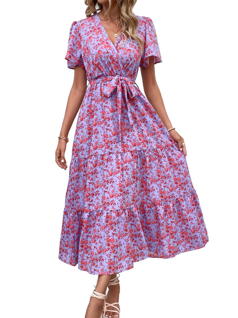 MASCOMODA Womens Summer Boho Maxi Dress Floral Wrap V Neck Flutter Short Sleeve Tie Waist A Line Tiered Flowy Long Dresses(Purple and Red,X-Large) - Image 1