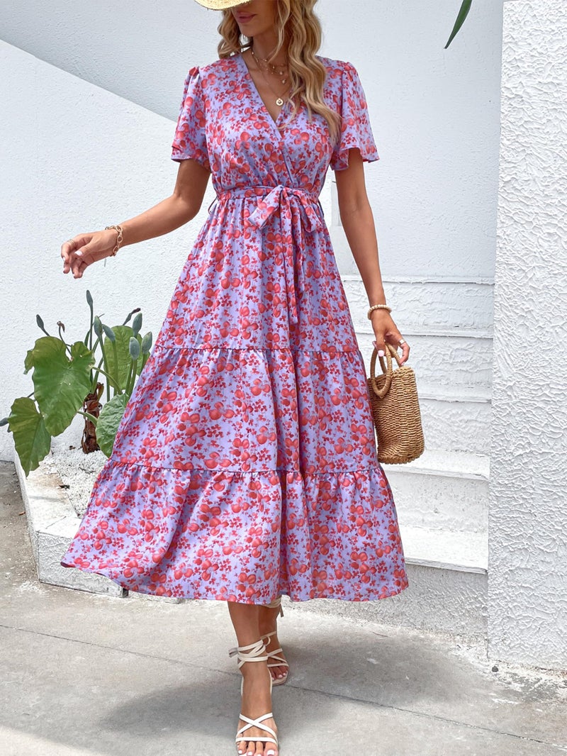 MASCOMODA Womens Summer Boho Maxi Dress Floral Wrap V Neck Flutter Short Sleeve Tie Waist A Line Tiered Flowy Long Dresses(Purple and Red,X-Large) - Image 2