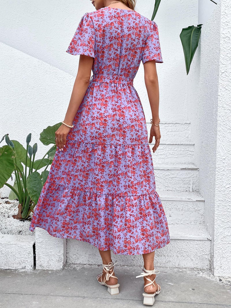 MASCOMODA Womens Summer Boho Maxi Dress Floral Wrap V Neck Flutter Short Sleeve Tie Waist A Line Tiered Flowy Long Dresses(Purple and Red,X-Large) - Image 5