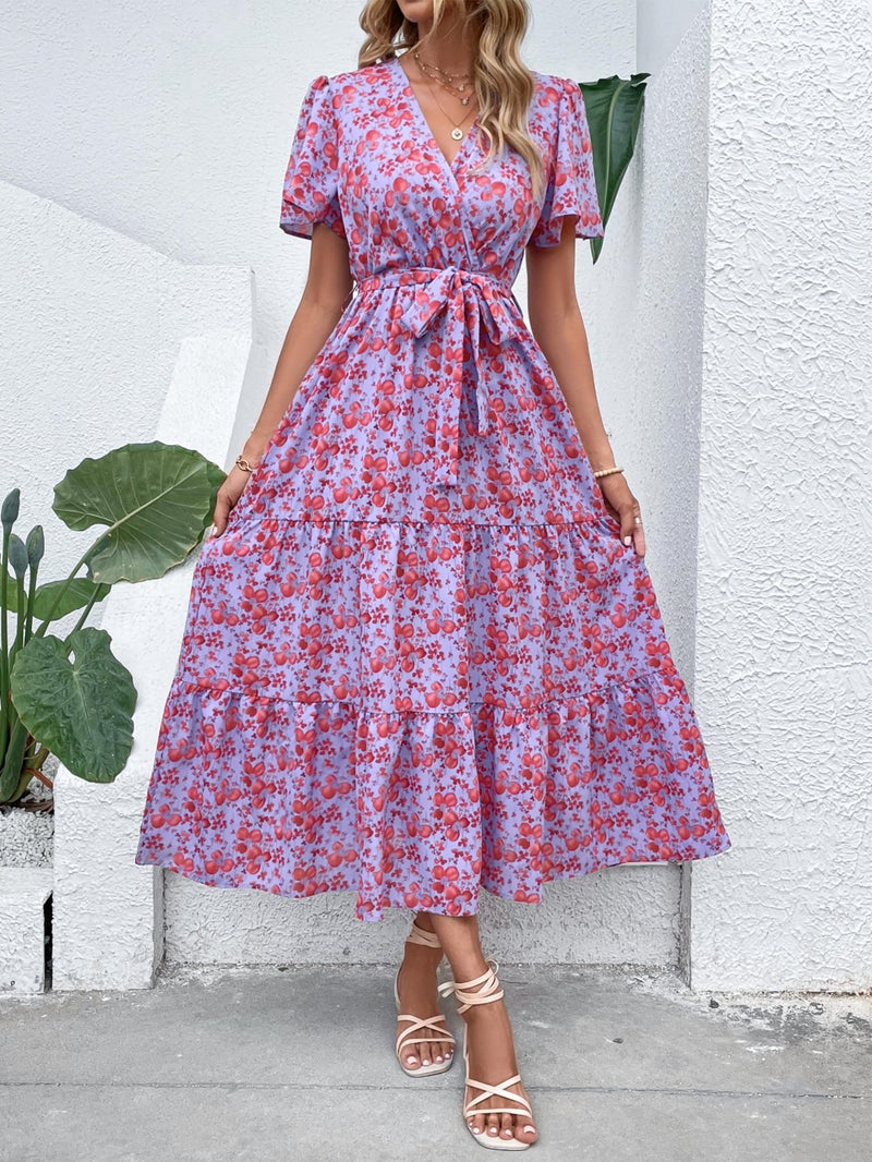 MASCOMODA Womens Summer Boho Maxi Dress Floral Wrap V Neck Flutter Short Sleeve Tie Waist A Line Tiered Flowy Long Dresses(Purple and Red,X-Large) - Image 4