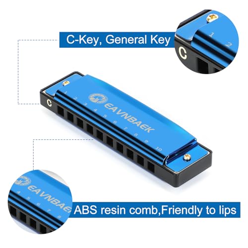 Eavnbaek 10 Holes 20 Tones Blues Harp Mouth Organ Harmonica, Diatonic Blues Harmonica Key of C, For Adults Student Beginners Professionals, with Hard Case and Cleaning Cloth (Blue) - Image 3
