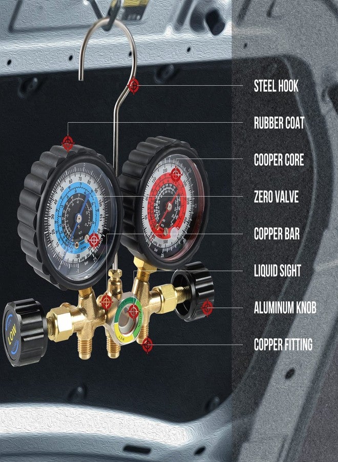 Lichamp مجموعة عدادات تشخيص مكيف الهواء Lichamp R134a R22 R12 R502 مع خرطوم بطول 5 أقدام، وموصلات، وصنبور مانع للثقب، وصنبور ذاتي الإغلاق، كلاسيكي #A301 - Image 4