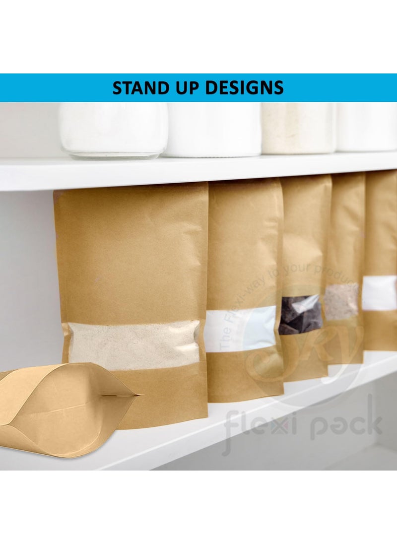 SKY FLEXI PACK SKY FLEXI PACK Kraft Paper Ziplock Pouch 11cm x 17cm Pack of 100 Airtight Reusable Stand Up Waterproof Multipurpose Storage Bags with Rectangle Transparent Window Capacity up to 100g  - Image 4