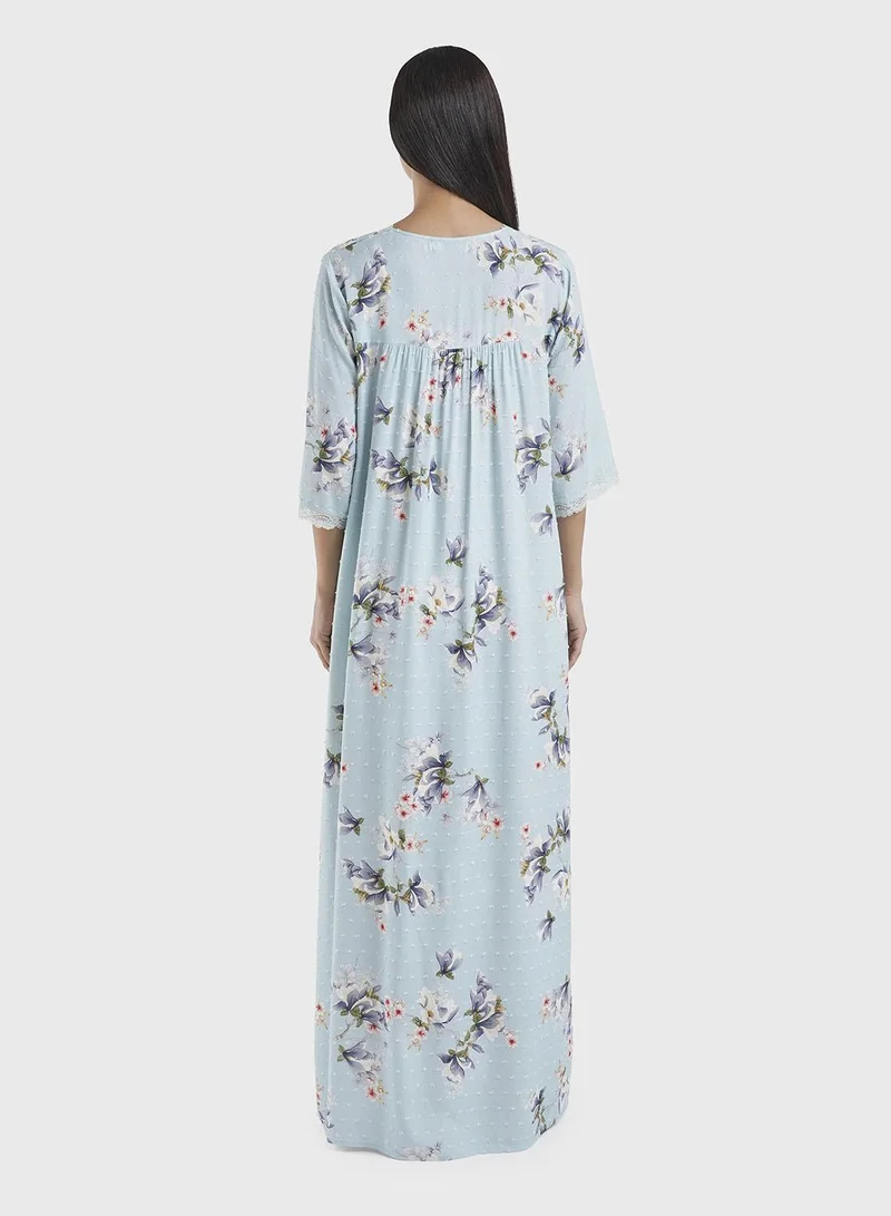 Kashkha  Blue Viscose Dobby Floral Print Nightwear Dress (CNH457) for Women | Best Price UAE