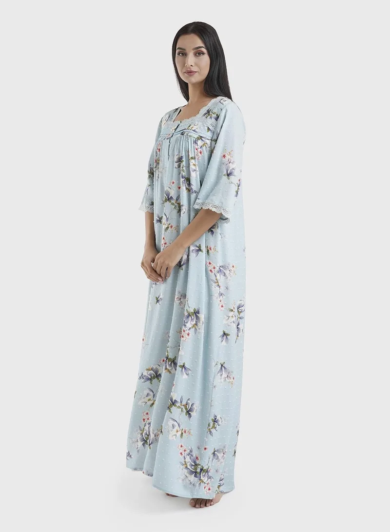 Kashkha  Blue Viscose Dobby Floral Print Nightwear Dress (CNH457) for Women | Best Price UAE