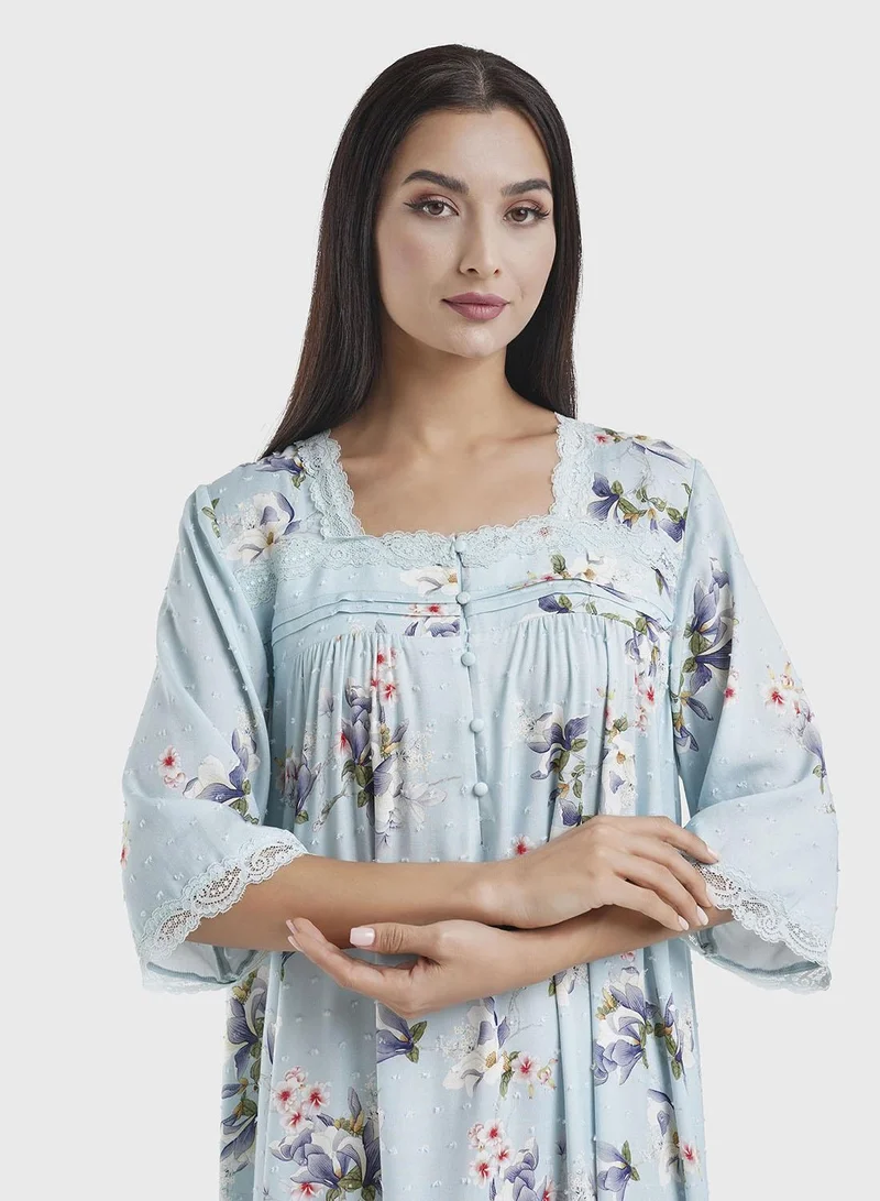 كشخة Blue Viscose Dobby Floral Print Nightwear Dress (CNH457)