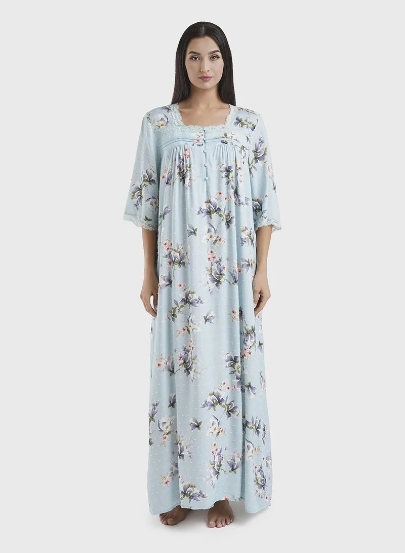 كشخة Blue Viscose Dobby Floral Print Nightwear Dress (CNH457)