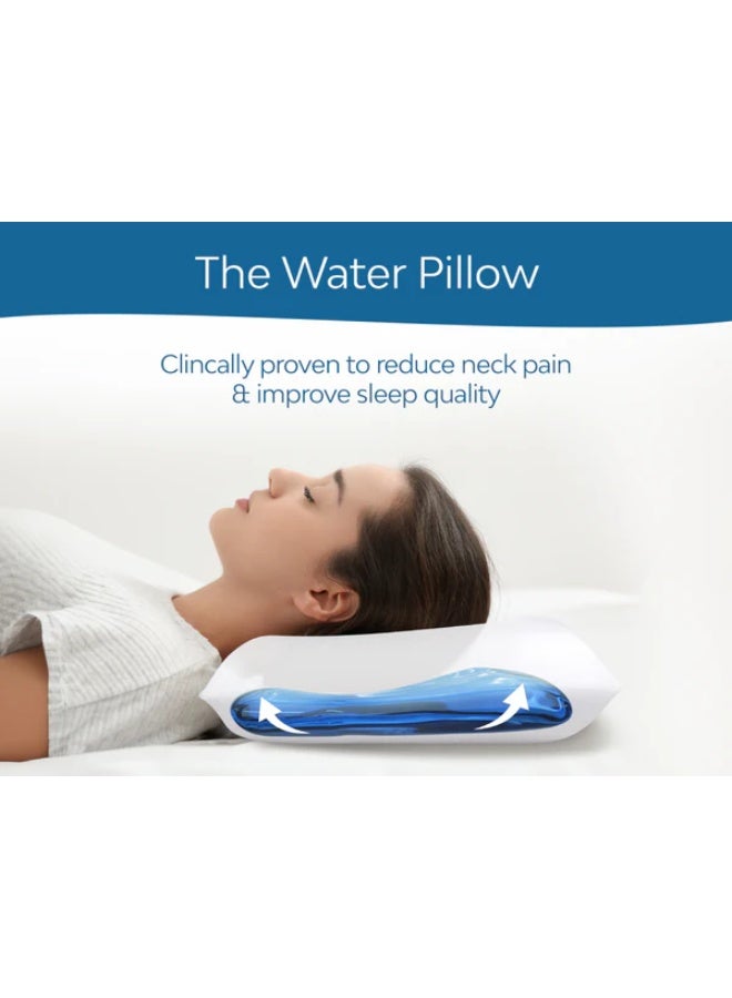 MEDIFLOW Medical water pillow with Waterbase™ technology for personalized neck support and instant comfort, featuring a resilient fiber layer and soft 300TC cotton cover. - Image 4