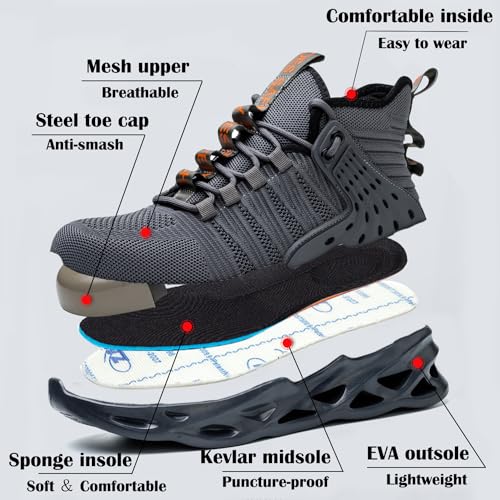 Kaximd Steel Toe Shoes for Men Women Lightweight Steel Toe Sneakers Mid Cut Indestructible Work Boots Construction Safety Shoes Deep-gray787-43 - Image 5