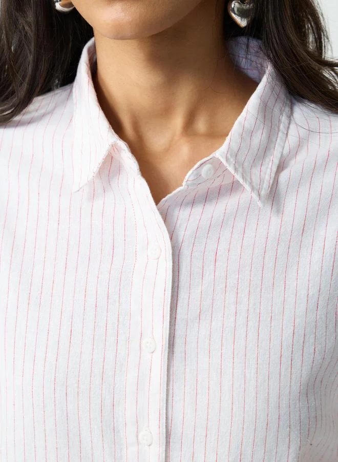 The Souled Store  White Striped Linen Blend Long Sleeve Shirt for Women | Best Price UAE