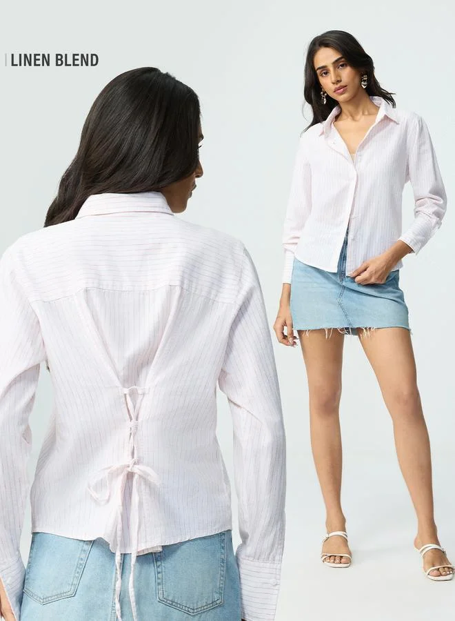 The Souled Store  White Striped Linen Blend Long Sleeve Shirt for Women | Best Price UAE