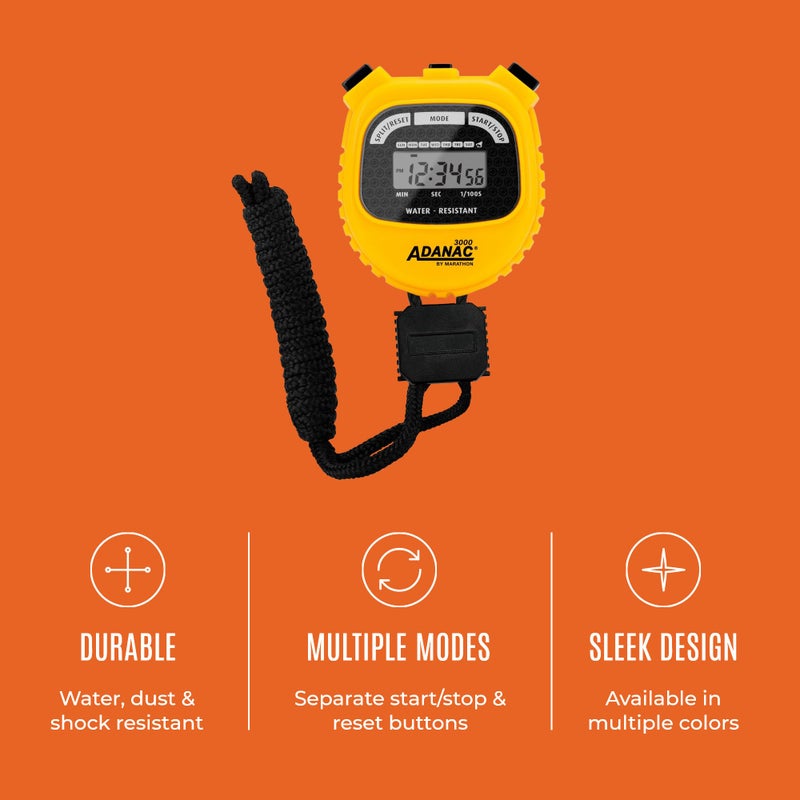 Marathon Adanac 3000 Digital Stopwatch Timer, Yellow - High Precision Accuracy to 1/100th Seconds - Water, Dust & Shock Resistant - 46â€ Lanyard Included - Image 3