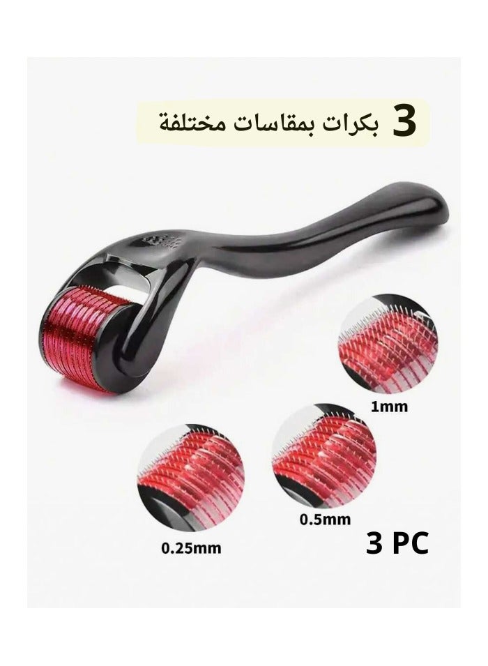 3 Rollers With Micro Needles (0.25 - 0.5 - 1) mm With 540 Needles For Hair And Beard Regrowth. Black/Red - Image 1
