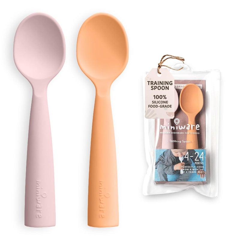 Miniware Silicone Baby Spoon for Training - BPA Free Baby Utensils - Baby Spoons Self Feeding 6 Months | 100% Food Grade Silicone - Modern & Dishwasher Safe Toddler Spoons (Cotton Candy and Toffee) - Image 1