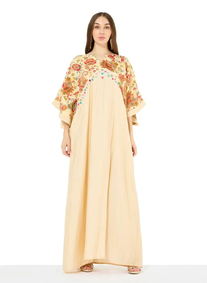 Thouq Beige Floral Embroidery A-Line Maxi Jalabiya