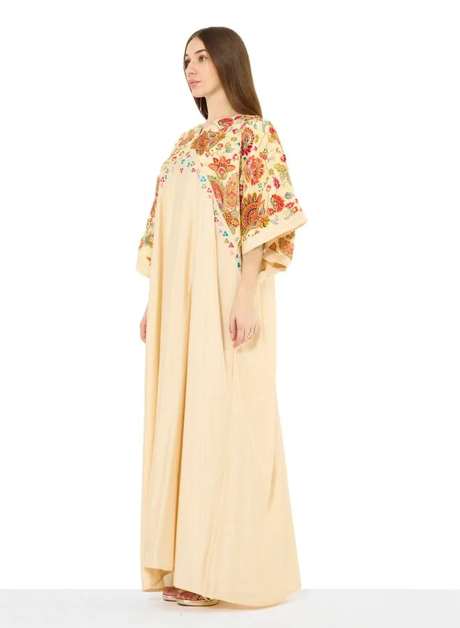 Thouq Beige Floral Embroidery A-Line Maxi Jalabiya