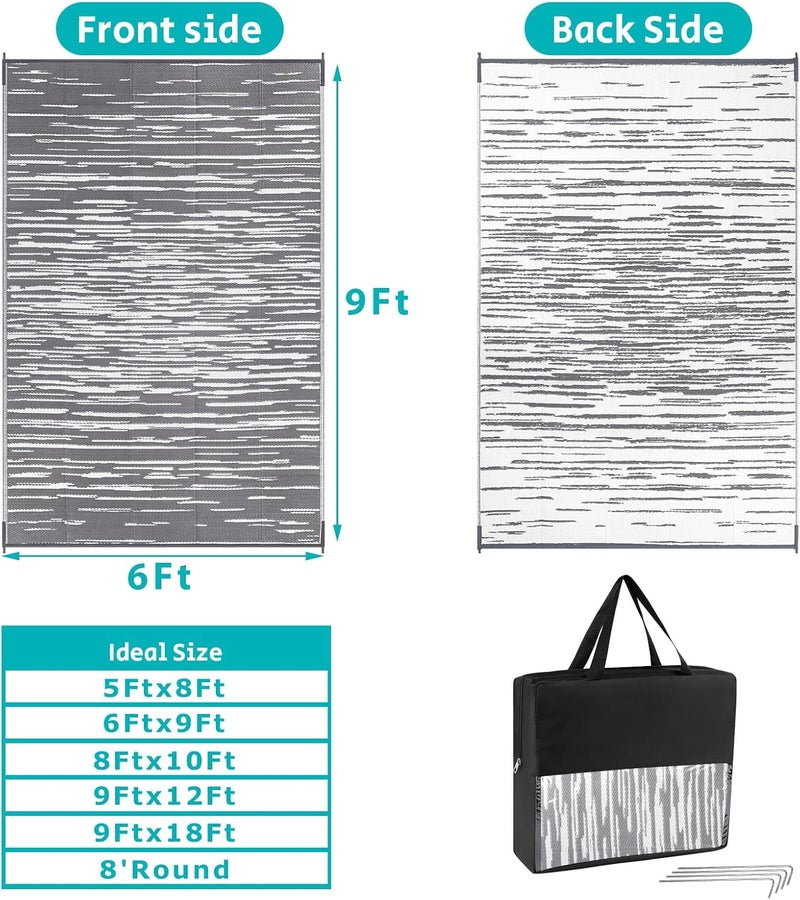 HEBE سجادة خارجية 6' × 9' مقاومة للماء للباحات، سجادة بلاستيكية قابلة للعكس للتخييم، سجادة داخلية وخارجية للباحات، سجادات للسيارات، نزهات، فناء، سطح، شرفة، مدخل - Image 2