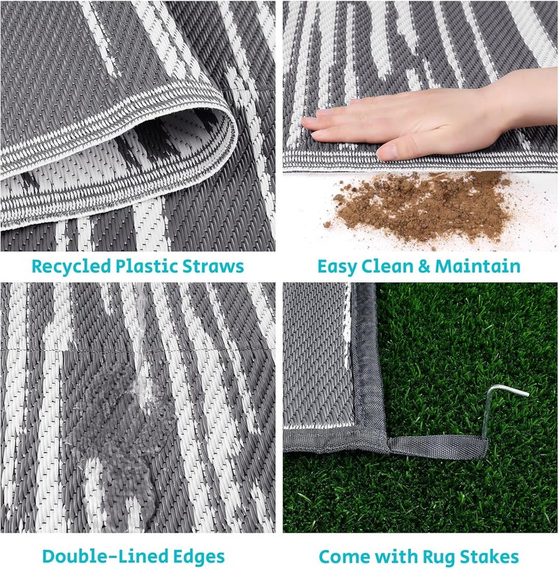 HEBE سجادة خارجية 6' × 9' مقاومة للماء للباحات، سجادة بلاستيكية قابلة للعكس للتخييم، سجادة داخلية وخارجية للباحات، سجادات للسيارات، نزهات، فناء، سطح، شرفة، مدخل - Image 4