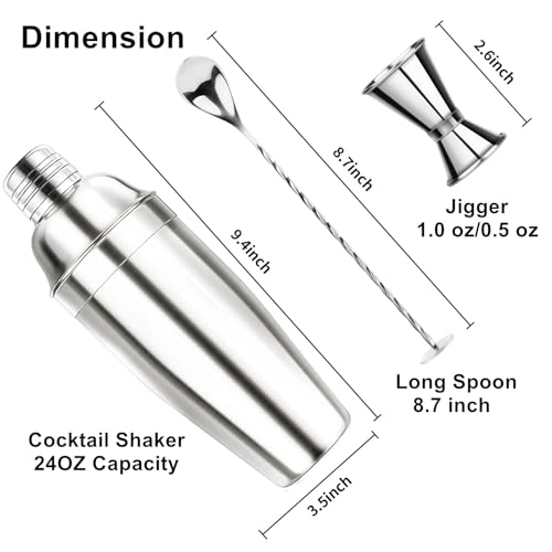 Ohtomber 24OZ Cocktail Shaker Set - Cocktail Bar Martini Drink Shaker Set with Strainer, Stainless Steel Bartender Kit Drink Mixer with Jigger, Mixing Spoon, Bar Accessories for Beginners - Image 2