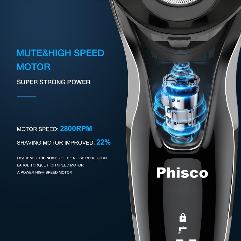 Phisco Electric Razor for Men - Phisco Electric Shavers for Man Face, USB Rechargeable, Waterproof Wet Dry Razors with Pop-Up Trimmer, LED Display, Travel Lock - Image 5