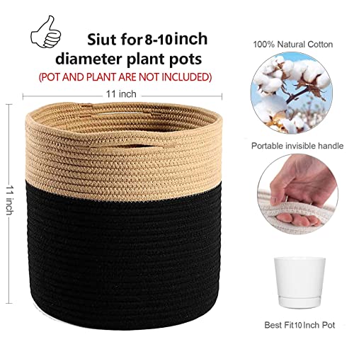 Oradrem Woven Cotton Rope Plant Basket for 105 Flower Pot Floor Indoor Planters Flower Pot Home Decor Storage Organizer H11 x W11 BlackBrown - Image 3