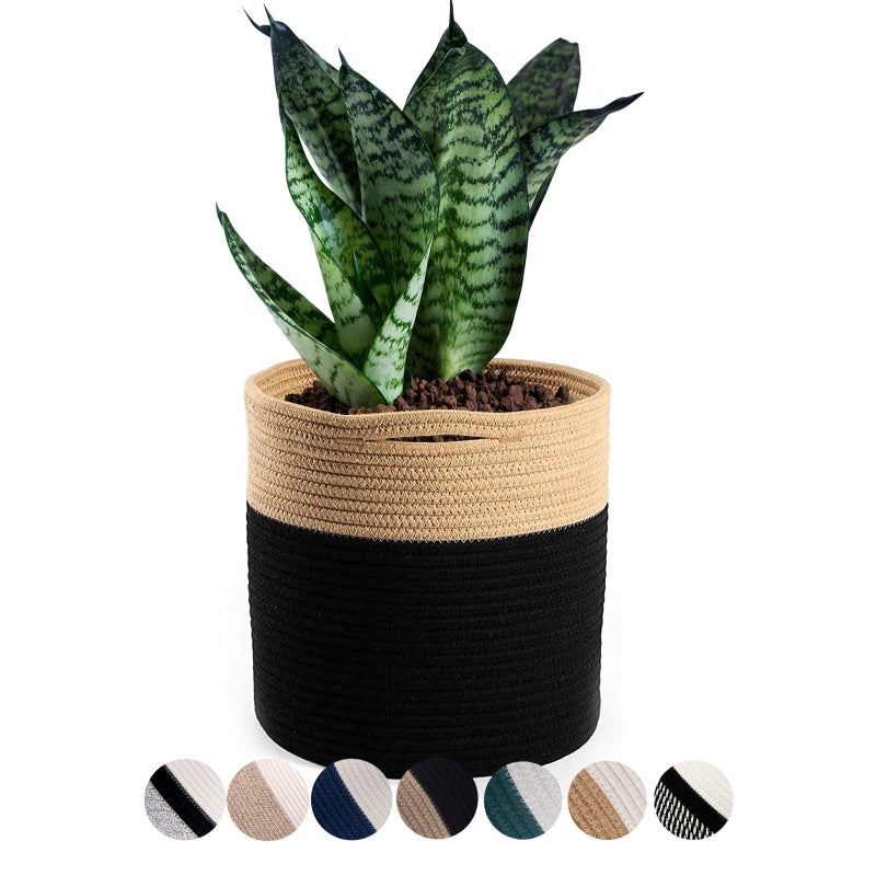 Oradrem Woven Cotton Rope Plant Basket for 105 Flower Pot Floor Indoor Planters Flower Pot Home Decor Storage Organizer H11 x W11 BlackBrown - Image 2