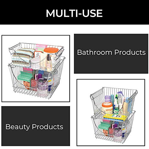 Smart Design Stacking Baskets Organizer w/ Handle - Medium - Steel - for Food, Fruit, & Vegetable Safe - Kitchen (12.63 x 5.5 Inch) [Chrome] (2 Pack) - Image 5
