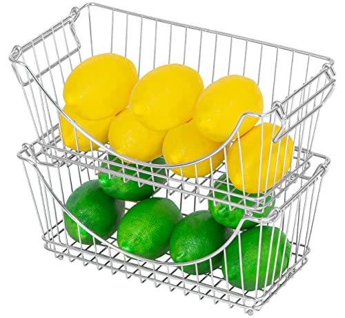 Smart Design Stacking Baskets Organizer w/ Handle - Medium - Steel - for Food, Fruit, & Vegetable Safe - Kitchen (12.63 x 5.5 Inch) [Chrome] (2 Pack) - Image 1