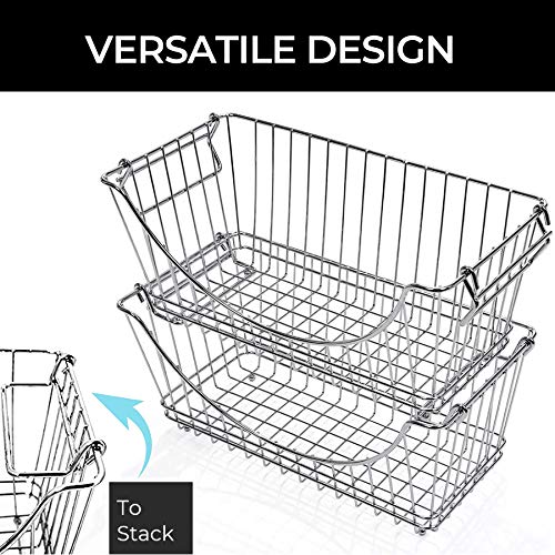 Smart Design Stacking Baskets Organizer w/ Handle - Medium - Steel - for Food, Fruit, & Vegetable Safe - Kitchen (12.63 x 5.5 Inch) [Chrome] (2 Pack) - Image 4