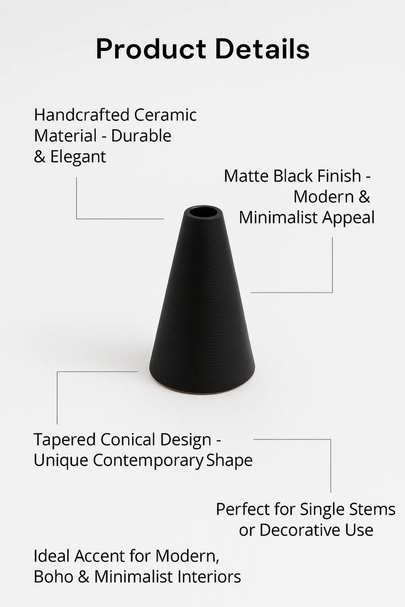 ماريا هومز مزهرية سيراميك مخروط أسود غير لامع – مزهرية زهور عصرية بسيطة لديكور المنزل - Image 3