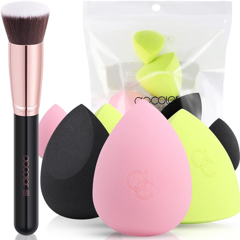 docolor 6+1Pcs Makeup Sponges & Brush, Foundation Blending Beauty Sponge & Flat Top Kabuki Brush, Liquid, Cream, Powder, Buffing, Blending, Full Coverage Foundation - Image 1