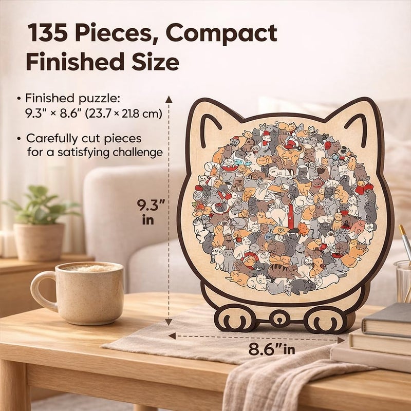 GROHESE Wooden Cat Puzzles for Adults, Cat Shaped Jigsaw Puzzle 135 Piece Morandi-Colored, Cute Animal Lovers Decorative Home Decor (Morandi) (#2) - Image 3