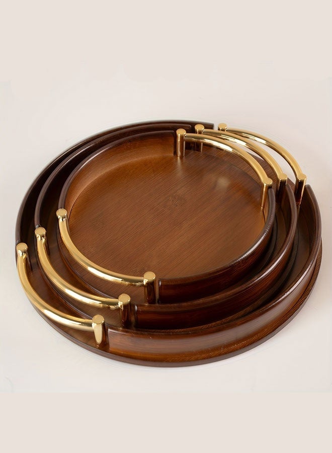 WINEENEE 3-Piece Round Bamboo Serving Tray Set with Metal Handles Stackable Decorative Trays for Coffee Table Ottoman and Home Organization Brown - Image 1