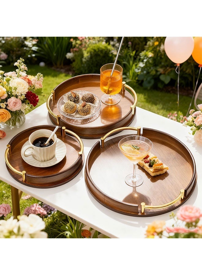 WINEENEE 3-Piece Round Bamboo Serving Tray Set with Metal Handles Stackable Decorative Trays for Coffee Table Ottoman and Home Organization Brown - Image 2