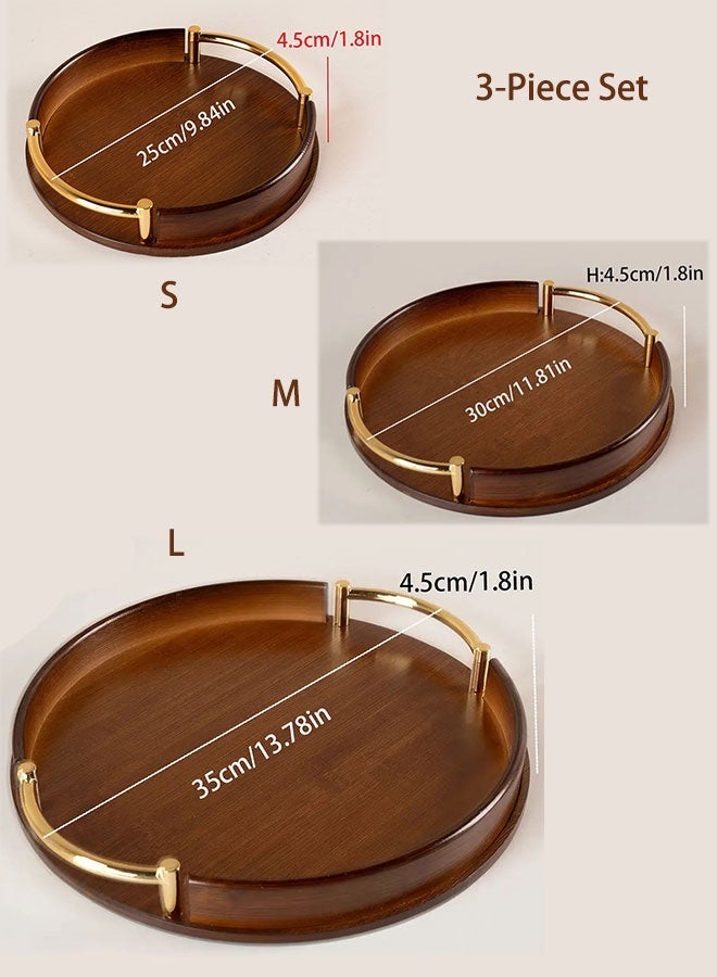 WINEENEE 3-Piece Round Bamboo Serving Tray Set with Metal Handles Stackable Decorative Trays for Coffee Table Ottoman and Home Organization Brown - Image 5