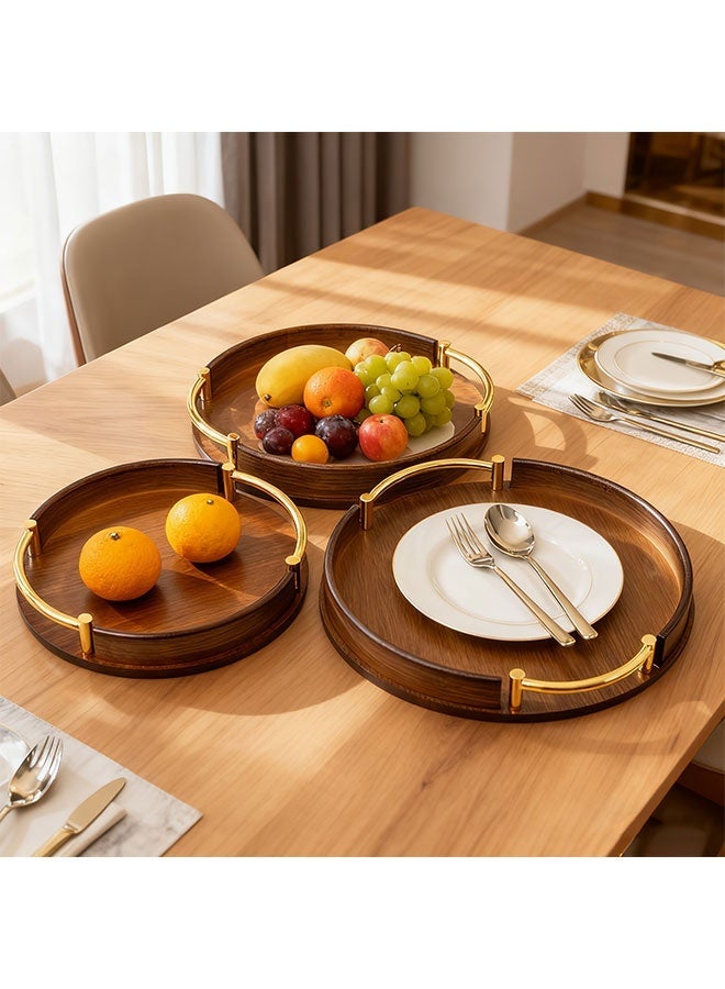 WINEENEE 3-Piece Round Bamboo Serving Tray Set with Metal Handles Stackable Decorative Trays for Coffee Table Ottoman and Home Organization Brown - Image 3