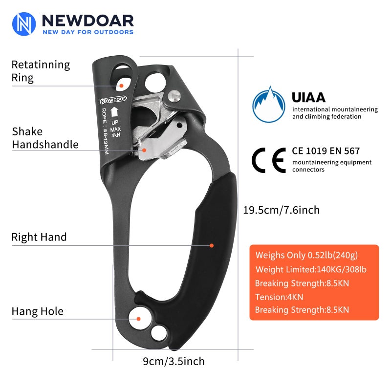 NewDoar Right Hand Ascender Rock Climbing Tree Arborist Rappelling Gear Equipment CE Certified Rope Clamp for 8~13MM Rope(Right Hand Grey) - Image 2