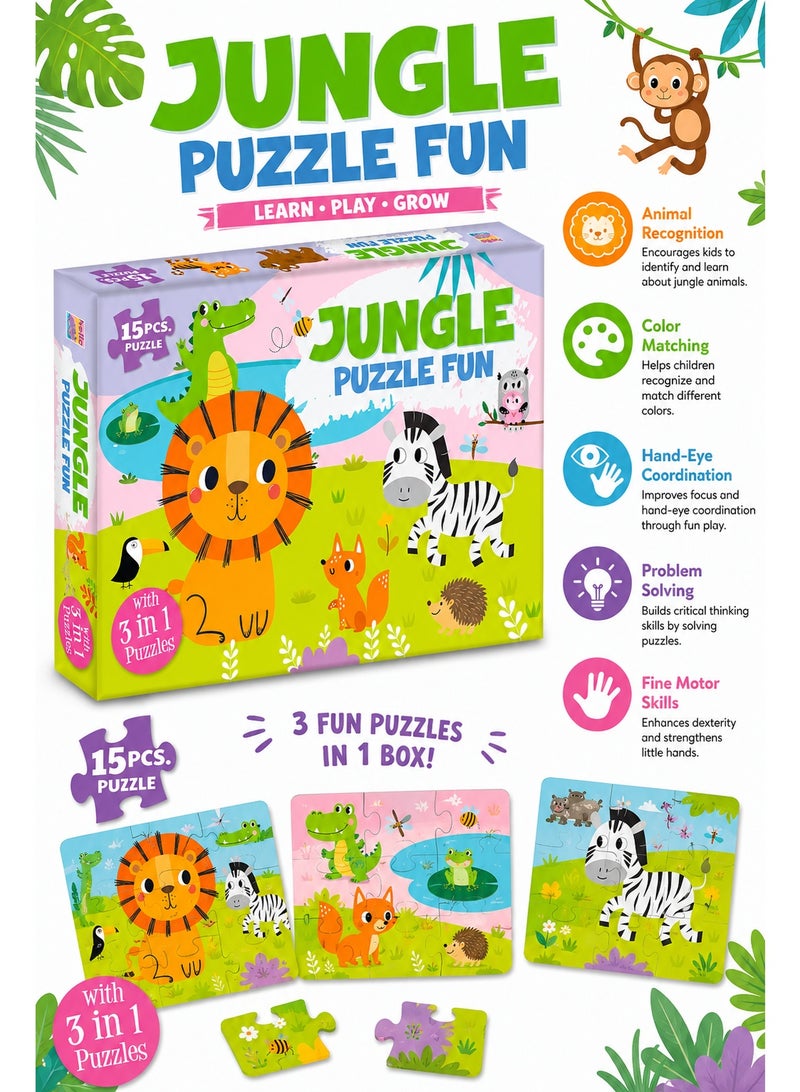 Jungle Puzzle Fun 15PCS Kids Puzzle Set with 3 in 1 Animal Puzzles, Colorful Cardboard Jigsaw Puzzle for Early Learning, Matching, Focus & Play - Image 5