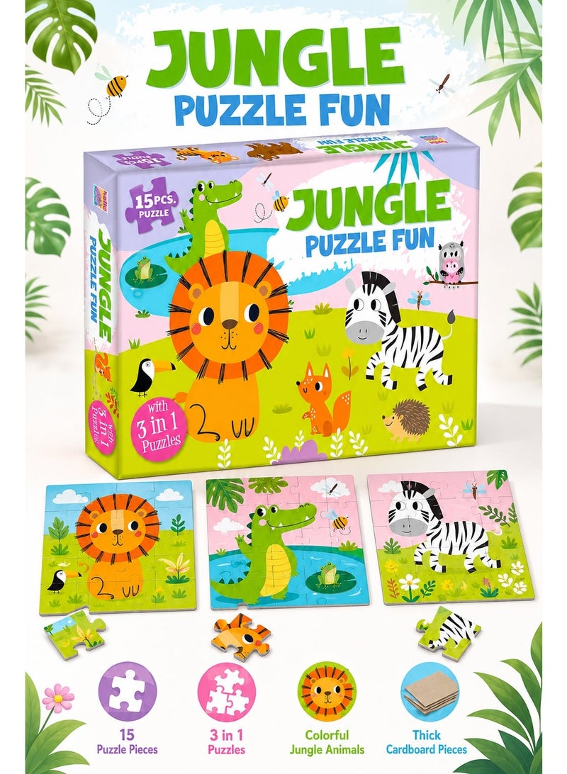 Jungle Puzzle Fun 15PCS Kids Puzzle Set with 3 in 1 Animal Puzzles, Colorful Cardboard Jigsaw Puzzle for Early Learning, Matching, Focus & Play - Image 2